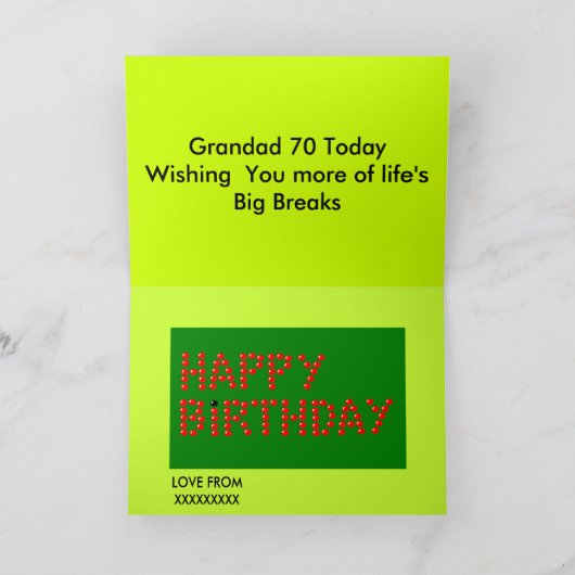 Grandad Snooker kaart 70ste verjaardag (Binnen)