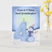 Granddaughter 4th Birthday Snowman with Snowy Four Kaart (Gele Bloem)