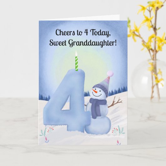 Granddaughter 4th Birthday Snowman with Snowy Four Kaart (Gele Bloem)