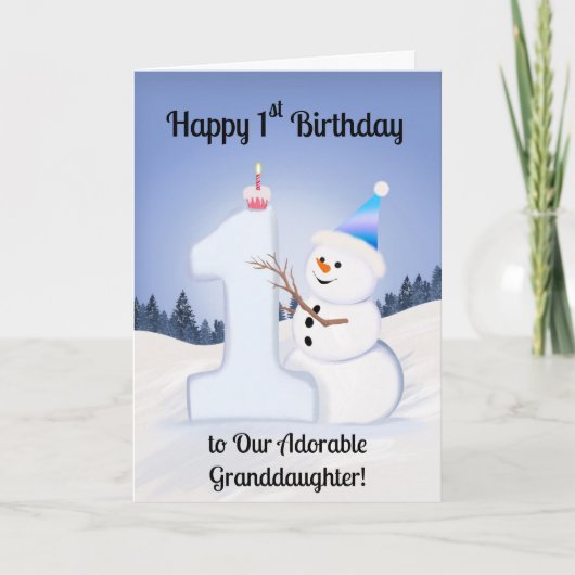 Granddaughter Happy 1st Birthday Snowman Building Kaart (Voorkant)