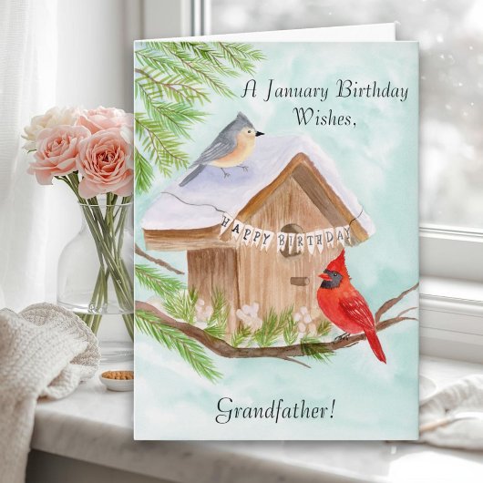 Grandfather Happy January Birthday Birds Kaart