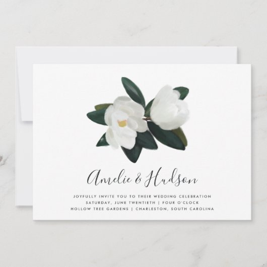 Grandiflora | Witte Magnolia bruiloft uitnodiging (Voorkant)
