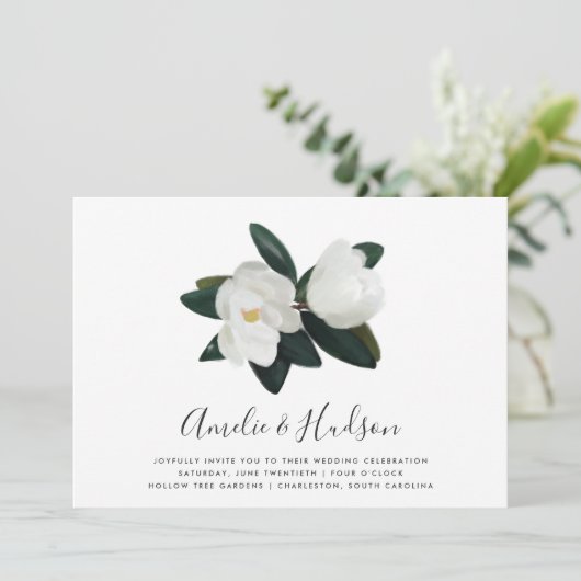 Grandiflora | Witte Magnolia bruiloft uitnodiging (Staand voorkant)