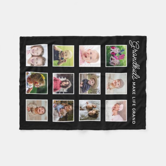 Grandkids Make Life Grand 12 Photo Collage Black Fleece Deken (Voorkant (Horizontaal))