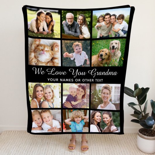 Grandma 12 Photo Collage Black Fleece Deken