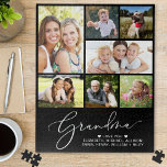 Grandma 7 Photo Collage Black Legpuzzel<br><div class="desc">Een leuke goochelpuzzel voor de beste oma in de wereld met "oma" in een elegant wit script,  een 7 foto-collage van haar familie en hun namen in een moderne witte typografie.</div>