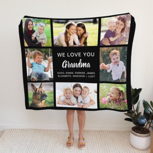 Grandma 8 Photo Collage Black Fleece Deken