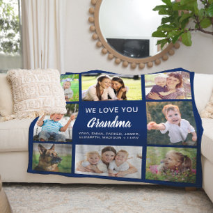 Grandma 8 Photo Collage Navy Blue Fleece Deken