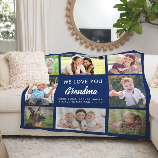 Grandma 8 Photo Collage Navy Blue Fleece Deken