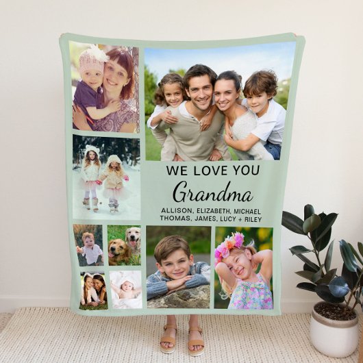Grandma 9 Photo Collage Sage Green Fleece Deken