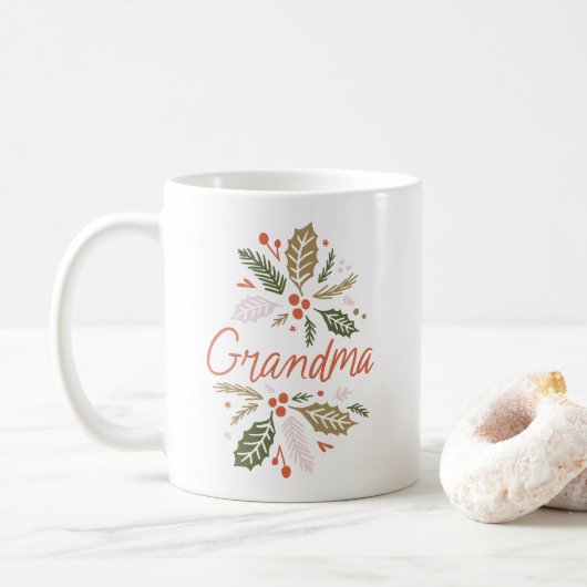 Grandma Bright Holly Kerstrood script Koffiemok (Met donut)