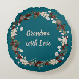 Grandma Christmas wreath on a rich teal  Rond Kussen