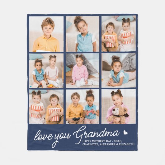 Grandma Custom Modern Navy Blauw 9 Fotocollage Fleece Deken (Voorkant)