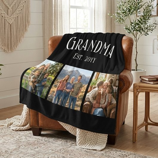 Grandma Est. Established Year Custom Name 3 Photo Fleece Deken