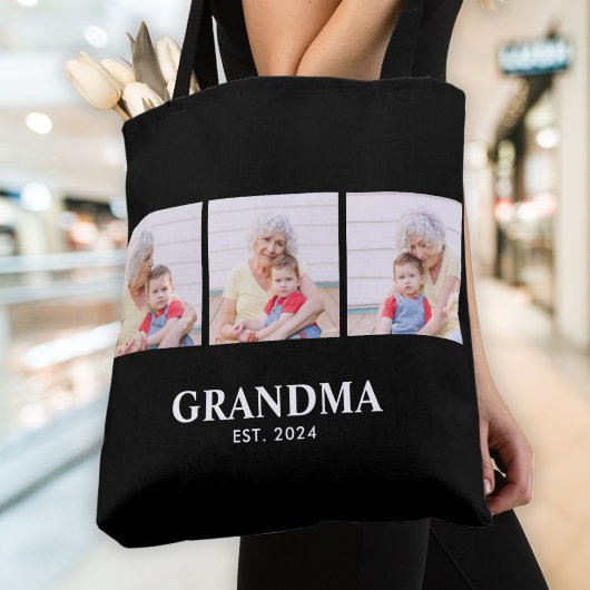 Grandma Established Bold Black 3 Photo Tote Bag