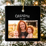 Grandma Established Custom Name Year Photo Black Keramisch Ornament<br><div class="desc">This Sophisticated Boho Chic Design has a customizable Grandmother Name and Year Established. The bold white elegant font is stylish and elevates this with a strikingly unique look. Add your own photo and shine your "Modern Chic Grandma" status in style! And this would also be an exceptional gift for that...</div>