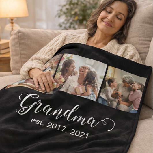 Grandma Established Script Gift 3 Photo Fleece Deken