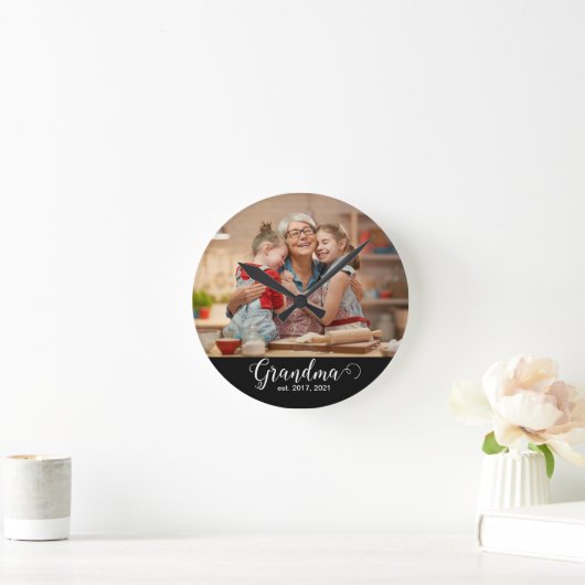 Grandma Established Script Gift Photo Ronde Klok (Huis)