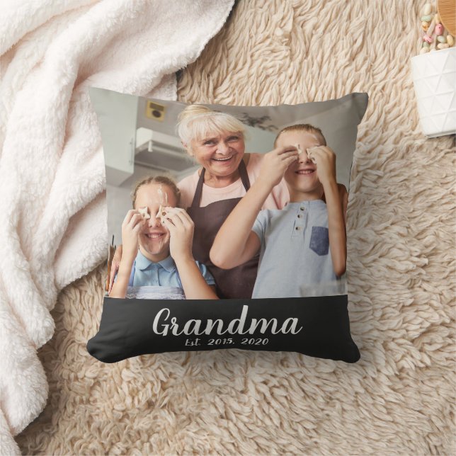 Grandma Established White Script Photo Kussen (Deken)