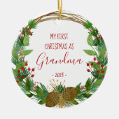 Grandma First Kerstmis Rustic Wreath Baby Foto Keramisch Ornament (Voorkant)