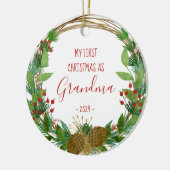 Grandma First Kerstmis Rustic Wreath Baby Foto Keramisch Ornament (Links)