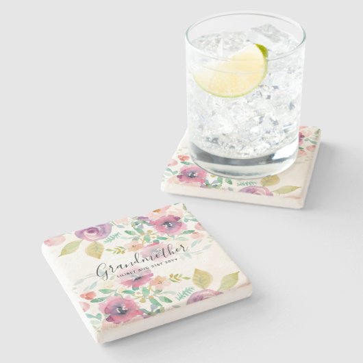 Grandma Gift -  roze roze bloemen - Persoonlijk Stenen Onderzetter (Zijkant)