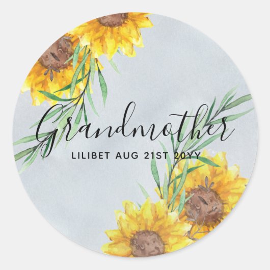 GRANDMA Gifts - Zonnebloem Gepersonaliseerd Ronde Sticker (Voorkant)