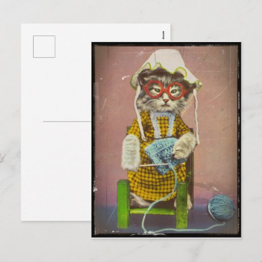 Grandma Kat Knitting Feestdagenkaart (Voorkant / Achterkant)