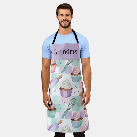 Grandma Lavender Teal Cupcake Baking Crew Schort (Gedragen)