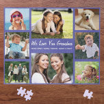 Grandma Love You Photo Collage Paars Legpuzzel<br><div class="desc">Een leuke foto die paarse puzzel voor 's werelds grootste oma collage. Je kunt je personaliseren met acht familiefoto's van kleinkinderen, kinderen, huisdieren, enz., je kunt de expressie aanpassen aan "I Love You" of "We Love You", en of ze "Grandma", "Nana", "Mommom" enz. wordt genoemd, en de kleinkinderen en andere...</div>