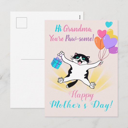 Grandma Moederdag Cute Kat Colorful Balloons Feestdagenkaart (Voorkant / Achterkant)