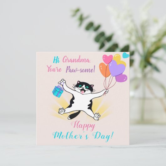 Grandma Moederdag Cute Kat Colorful Balloons Kaart (Staand voorkant)