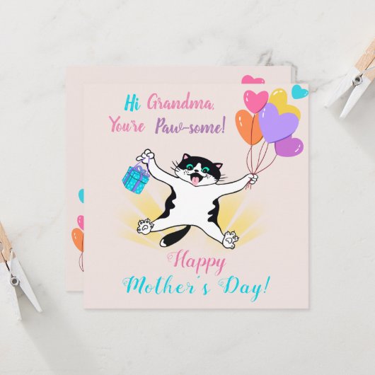Grandma Moederdag Cute Kat Colorful Balloons Kaart (Voorkant / Achterkant in situ)