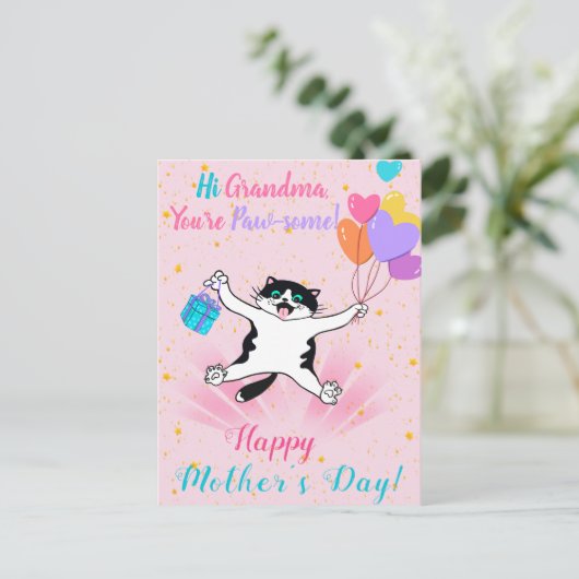 Grandma Moederdag Cute Kat Roze Briefkaart (Staand voorkant)