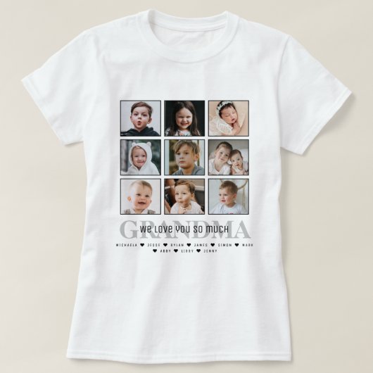 Grandma/Nana/Other 9 Photo Collage Message & Names T-shirt (Design voorkant)