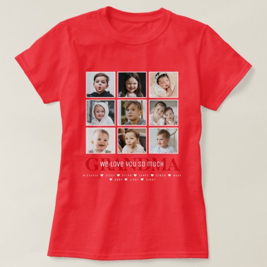 Grandma/Nana/Other 9 Photo Collage Message & Names T-shirt (Design voorkant)