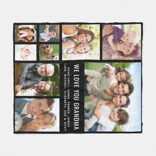Grandma Photo Collage Black Fleece Deken (Voorkant (Horizontaal))