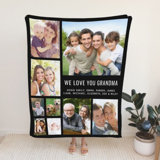 Grandma Photo Collage Black Fleece Deken