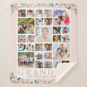 GRANDMA Photo Collage Floral Blush Pink Sherpa Deken