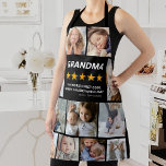 Grandma Review Photo Collage Schort<br><div class="desc">Creëer je eigen unieke oma-schort met 11 foto's die je kunt vervangen, de titel "GRANDMA", met 5 van de 5 gouden sterren, een uitstekende review die "de beste kok ter wereld, altijd seizoenen met liefde", en de kinder namen. De titel kan worden veranderd in opa, mam, pap of een ander...</div>