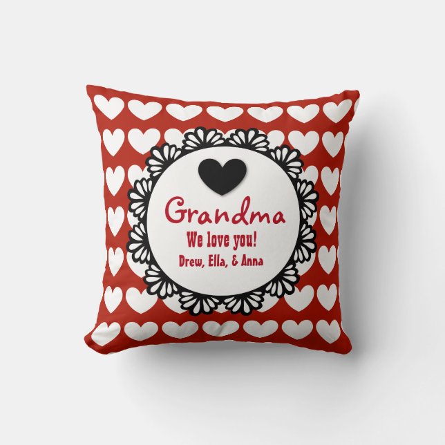 GRANDMA We houden van je RED Hearts Lace Pattern E Kussen (Voorkant)