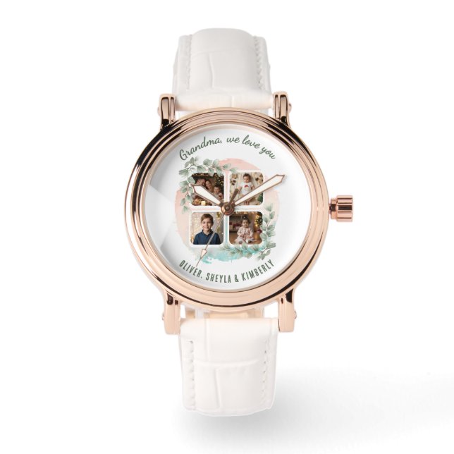 Grandma we love you 6 Photo Collage Eucalyptus Horloge (Voorkant)