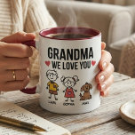 Grandma We Love You Kids Illustration Family Mok<br><div class="desc">This mug features the phrase “Grandma We Love You” together with cheerful children illustrations and names beneath each character. The playful artwork represents grandchildren showing love for their grandmother in a warm and joyful design. The names can be edited so each child character reflects a grandchild in the family. The...</div>
