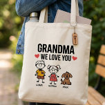 Grandma We Love You Kids Illustration Family  Tote Bag<br><div class="desc">This tote bag features the phrase “Grandma We Love You” with adorable child illustrations representing grandchildren. Each character includes a name beneath it, forming a joyful family-themed design. The names can be edited so each character reflects a grandchild in the family. The cheerful drawing style and heartfelt phrase celebrate the...</div>