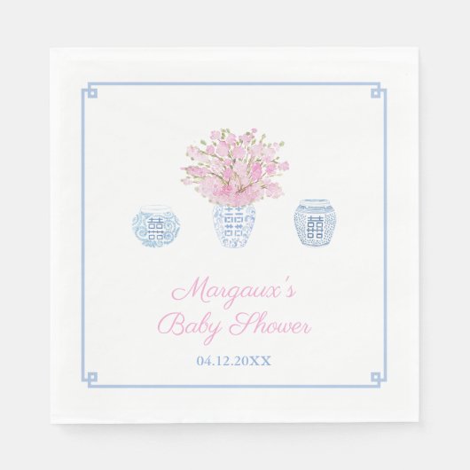 Grandmillenial Blue Pink Chinoiserie Baby shower Servet (Voorkant)