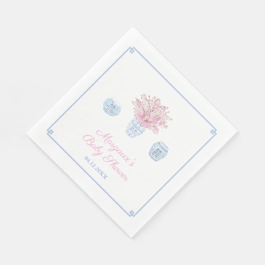 Grandmillenial Blue Pink Chinoiserie Baby shower Servet (Hoek)
