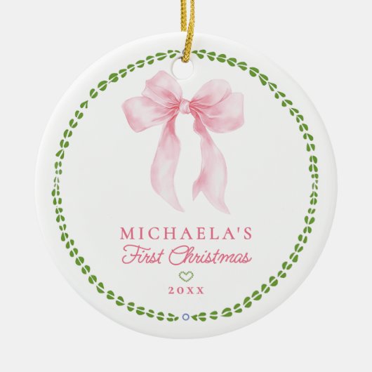 Grandmillenial Bows Baby's eerste kerstfoto Keramisch Ornament (Voorkant)
