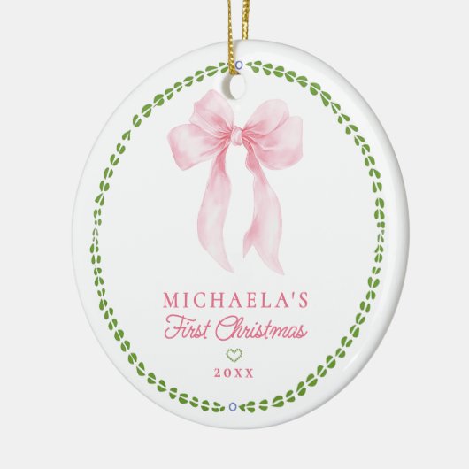 Grandmillenial Bows Baby's eerste kerstfoto Keramisch Ornament (Links)
