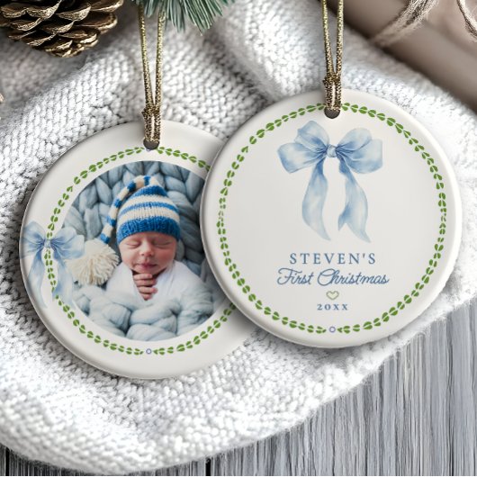 Grandmillenial Bows Baby's eerste kerstfoto Keramisch Ornament