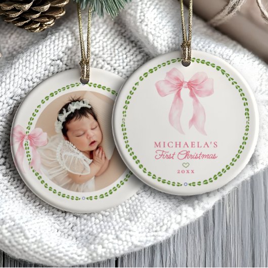 Grandmillenial Bows Baby's eerste kerstfoto Keramisch Ornament